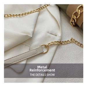 Detailed macro view of gold chain link and multi-color leather paneling with stitching