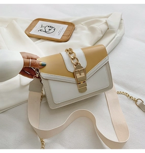 Detail of color-block crossbody bag with gold chain handle and wide fabric strap