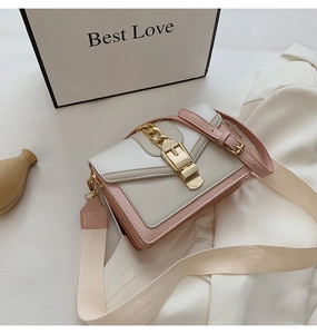 Detail view of stylish color-block crossbody bag with gold hardware and dual straps