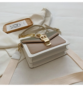 Detail of color-block crossbody bag with gold metal buckle and dual shoulder straps