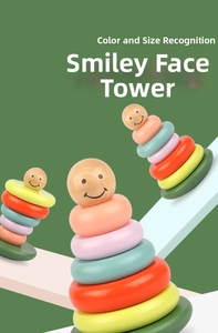 Detailed view of colorful wooden stacking rings with a cute smiling face topper