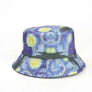 Detail of canvas bucket hat featuring Van Gogh Starry Night print with fine stitching