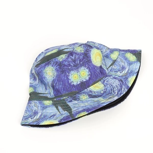 Double-sided bucket hat featuring Van Gogh Starry Night oil painting print in deep blue