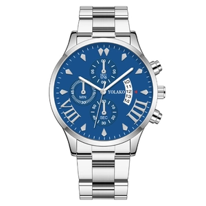 Business fashion men's watch with blue dial, silver steel strap and three-eye date display