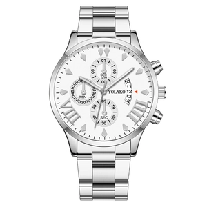 Classic silver stainless steel men's watch with white multi-functional chronograph dial