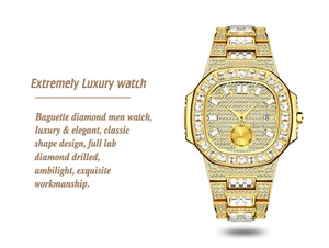 Detail showing luxury gold watch with baguette lab diamonds and classic square bezel