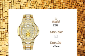 Close-up of gold iced-out hip hop watch model V299 with 42mm luxury diamond-set case