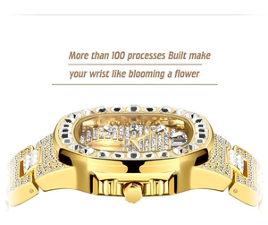 Macro shot of iced out gold watch showing exquisite craftsmanship and rhinestone inlay details