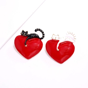 Elegant red heart brooch with cute black and white enamel cats made of quality alloy