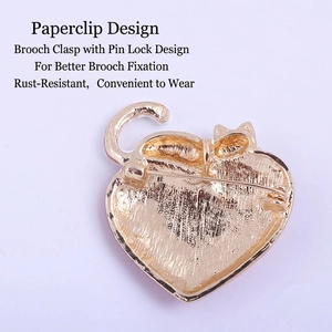 Cat silhouette heart brooch with golden metal pin and safety lock clasp back