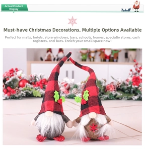 Detail of plush Christmas gnomes with red plaid hats and holly leaf accents