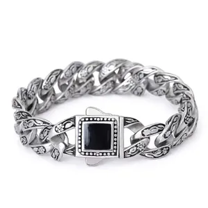 Men Retro Cuban Link Bracelet Stainless Steel With Floral Engraved Pattern Black Resin Inlay Punk Gothic Jewelry