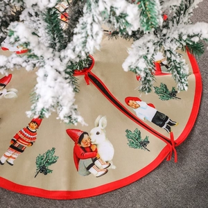 Jupe de sapin de Noël ronde en peluche marron avec motifs rétro et liens rouges