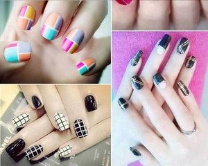 Detailed views of diverse nail art strips with geometric patterns and metallic accents