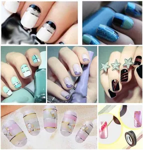 Detailed view of geometric nail striping tape designs in various colors for manicure