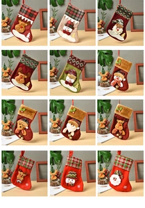 Detail showcasing twelve assorted Christmas stockings with reindeer, snowman, and Santa motifs