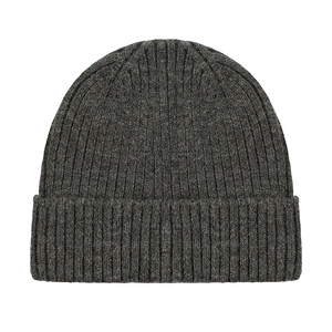 Minimalist dark gray ribbed knit beanie hat with classic folded cuff for winter warmth