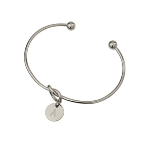 Silver stainless steel open bangle featuring a knot design and an engraved letter A charm