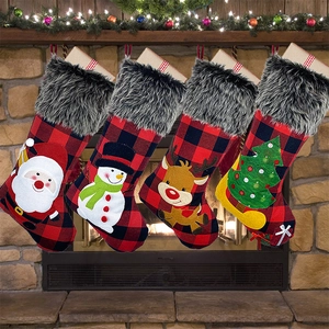 Christmas Stockings Plaid Fabric Gift Bags With Faux Fur Cuff Santa Snowman Reindeer Tree Hanging Holiday Decor