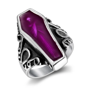 Bague cercueil gothique en argent antique avec pierre violette et gravures vintage