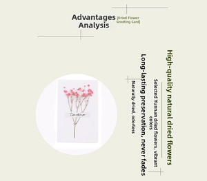 Close-up of handmade greeting card featuring real pink dried flowers and minimalist design