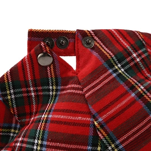 Detailed macro view of red plaid fabric texture and metal snap button closure