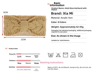 Detail showing dimensions of 22x10cm on a beige knitted velvet-lined winter headband