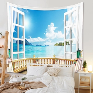 Detail of 3D ocean view tapestry showing tropical island scenery in a bedroom setting
