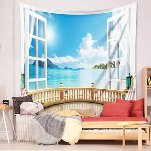 Detail of 3D window view tapestry showing tropical ocean landscape and white frame