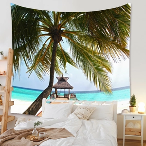 Detailed view of large tropical beach tapestry featuring palm trees and turquoise ocean