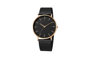 Detail of rose gold quartz watch featuring black mesh strap and minimalist black dial