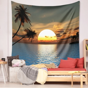 Detailed beach sunset tapestry with silhouette palm trees for bedroom wall decor