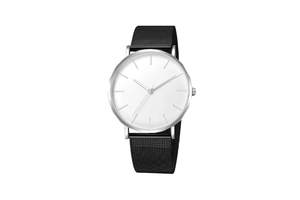 Close-up of a minimalist watch with white dial, silver case and black mesh strap