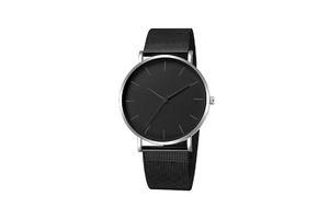 Minimalist men's watch with black round dial and silver stainless steel case close-up