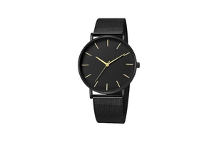Detail view of minimalist black mesh strap quartz watch with sleek gold-tone bar indexes