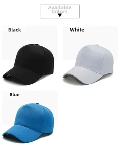 Close-up of black, white and blue five-panel baseball caps showing fabric texture and brim