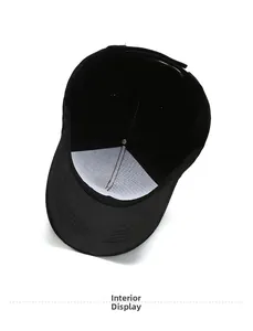 Internal view of black baseball cap showing reinforced front panel and sweatband detail