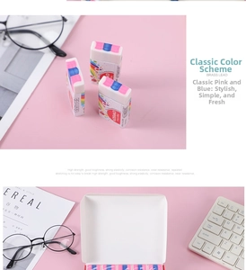 Close-up of flexible rainbow stripe erasers with colorful ink splash paper sleeves
