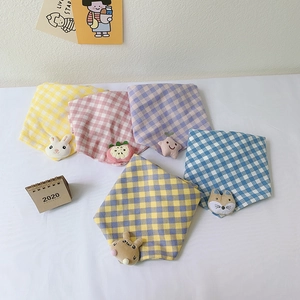 Kids cute cotton linen plaid triangle scarves with cartoon plush animal patches