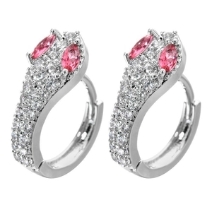 Elegant silver snake hoop earrings featuring pink eye gems and white pavé zircon stones