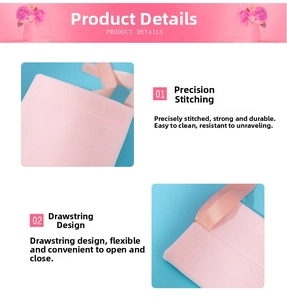 Detailed close-up of the precision stitching and satin ribbon drawstring on the pink velvet bag