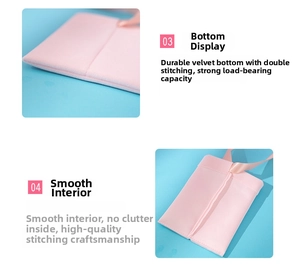 Detail view of pink velvet pouch showing reinforced bottom stitching and smooth interior