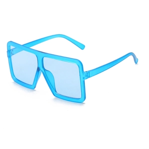 Detail view of transparent blue square sunglasses frame and inner temple model YQ 807