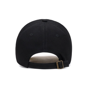 Black cotton baseball cap with adjustable metal buckle and six-panel crown design