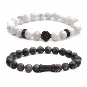 White turquoise lion head and flash stone beaded bracelet set for a trendy minimalist look