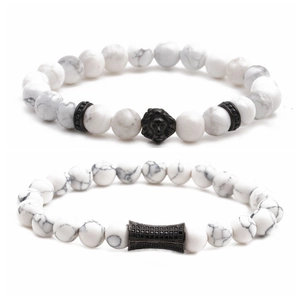 Howlite Stone Beaded Bracelet And Lion Head Zircon Cylinder Jewelry For Men