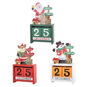 Three wooden Christmas advent calendars with Santa, reindeer, and snowman figurines