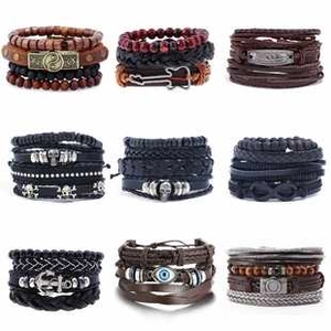 Grid display of nine vintage stacked bracelet sets featuring leather, beads, and metal charms