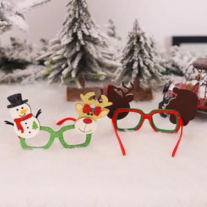 Sparkly Christmas character glasses featuring snowman and reindeer designs for party decor