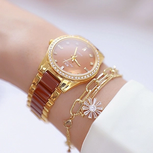 Golden Bee Sister watch with brown ceramic strap and zircon bracelet set for women